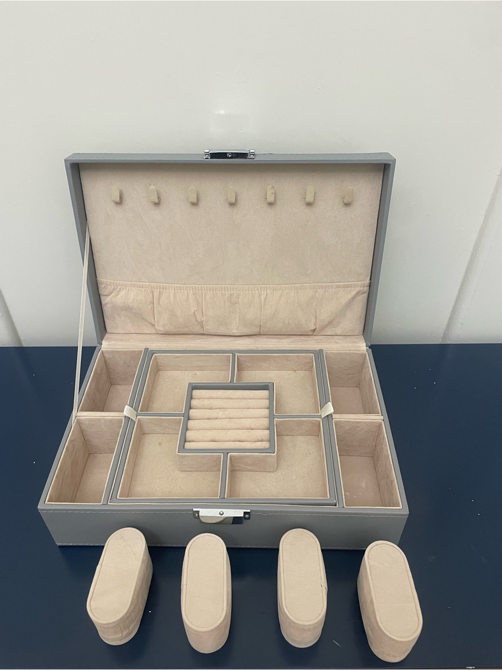 Gray Jewelry Organizer Box with Beige Suede Interior - Picture 3 of 5